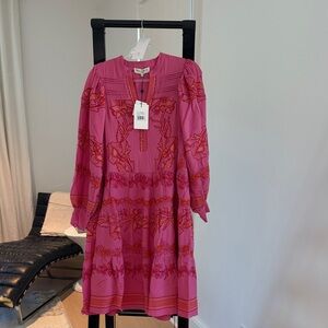Hale Bob Hot Pink Embroidered Long-Sleeve Dress